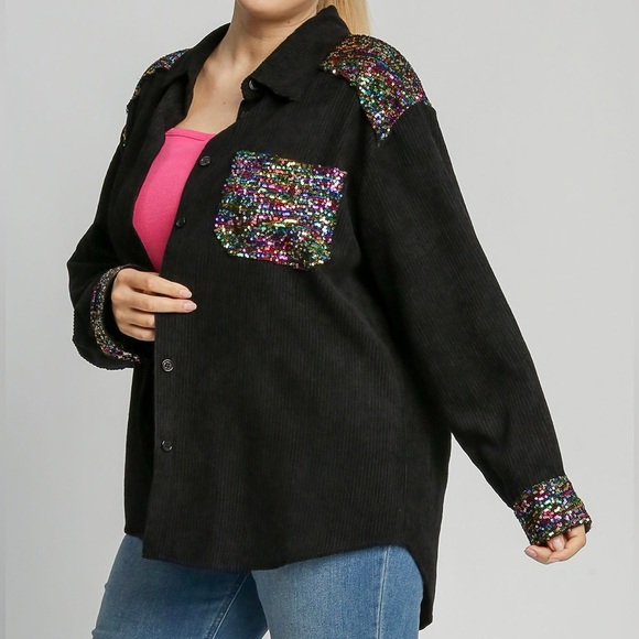 Umgee PLUS Black Collar Button Down Corduroy Jacket/Shacket - Picture 1 of 3